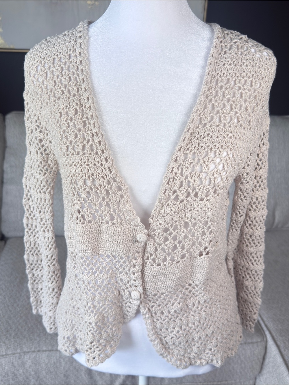 Openwork Crochet V-Neck Cardigan Sweater - Cream